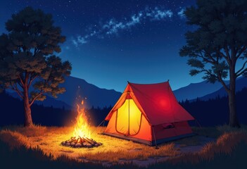 Glowing campfire beside a tent under a starry night sky