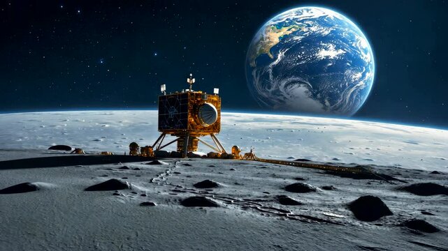 Moon landing spacecraft on lunar surface with visible Earth in space background under clear starry sky and cratered terrain