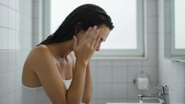 Woman washing face in bathroom