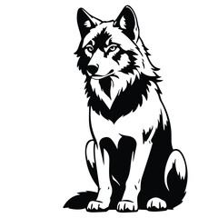 Obraz premium Black and white illustration of a wolf in a seated position against a plain background. Silhouette of a wolf, seated pose, nature.