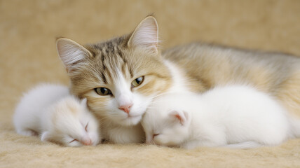 Mother cat lying on soft carpet with her two sleeping kittens