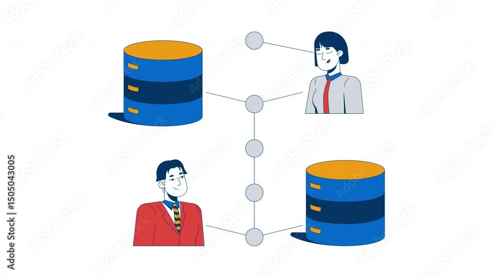Poster users securely connected to database servers 2d animation. data transfer security. business it techn