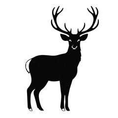 Naklejka premium Black and white silhouette of a deer standing in profile view. Silhouette of a deer in a neutral setting.