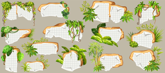 Game panels in jungle with liana branches and leaves, ivy. Set isolated wooden elements with old paper, with ragged square graph paper, school math sheet. Vector signboards with school page.