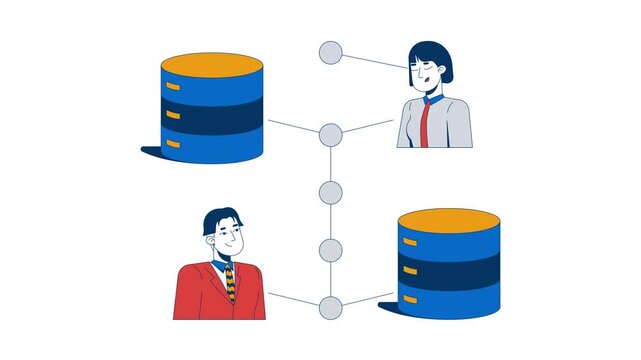Users securely connected to database servers 2D animation. Data transfer security. Business IT technology exchange animated characters cartoon flat concept metaphor 4K video isolated on white