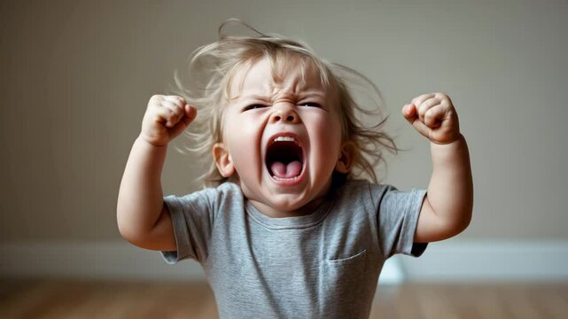 Upset toddler child shouting with open mouth and clenched fists while standing on indoor hardwood floor during emotional outburst