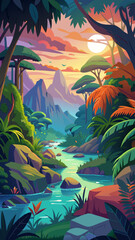 Tranquil Jungle River at Sunset. A Serene Landscape Painting