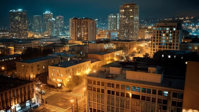 Aerial view of a generic illuminated cityscape at night with buildings and streetlights and dark sky