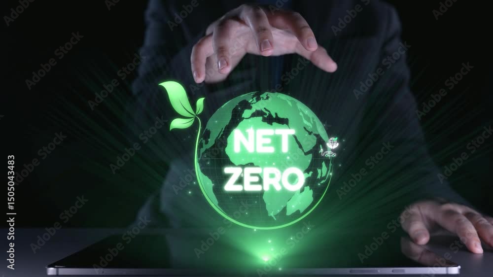 Poster this image illustrates the concept of achieving net zero emissions through innovative digital soluti
