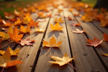 Warm autumn leaves scattered on hardwood floor, interior, warm colors, autumnal colors