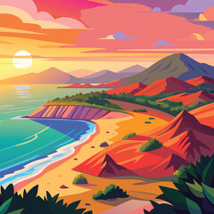 Fototapeta premium Colorful sunset beach landscape with dunes.