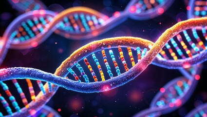 Close up view of colorful dna double helix strands with purple and orange hues against a dark background