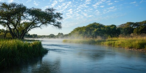 A tranquil river disappearing into the mist, creating a surreal and peaceful scene