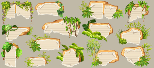 Game panels in jungle with liana branches and leaves, ivy. Set isolated wooden elements with old paper, with school page in line, ragged graph paper. Vector signboards with school page.