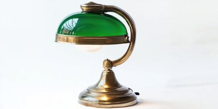 Classic bankerâ€™s lamp with green glass shade on white background