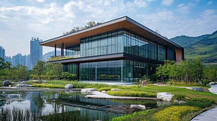 Modern building with glass facade reflected in a pond surrounded by trees and distant mountains