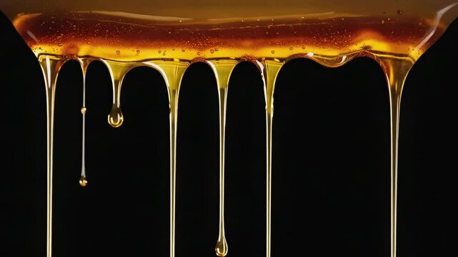 Sweet golden honey droplets slowly sliding on dark glossy background texture