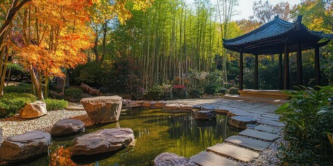 A tranquil Zen-like setting deep in a bamboo grove, with rustling leaves in the breeze