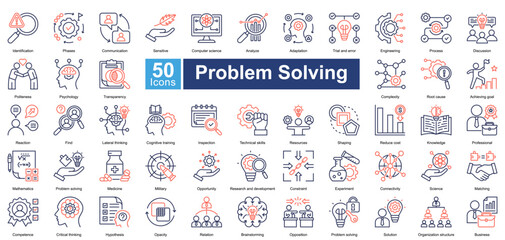 Problem solving icon set in dual tone style, featuring 50 icons on analysis, strategies, communication, and innovation. Great for business and educational use.	
