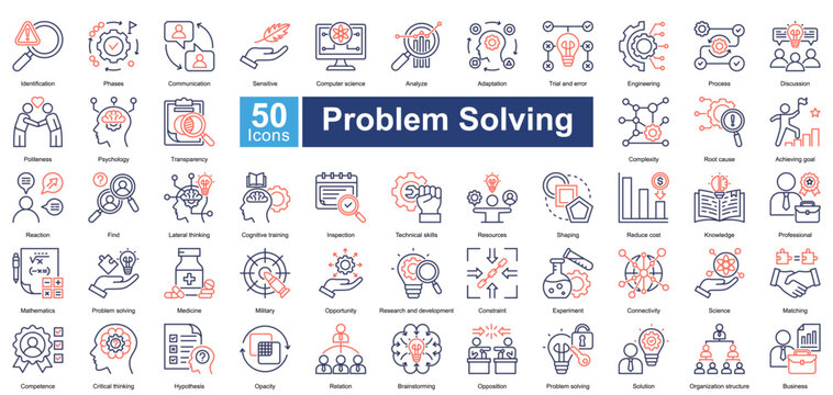 Problem solving icon set in dual tone style, featuring 50 icons on analysis, strategies, communication, and innovation. Great for business and educational use.	
