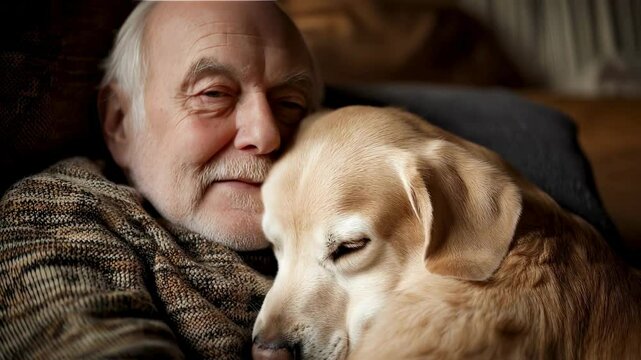 Elderly Man Cuddling with His Golden Retriever Dog at Home