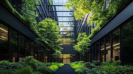 View of a modern building with a glass ceiling and lush greenery in the courtyard area below it