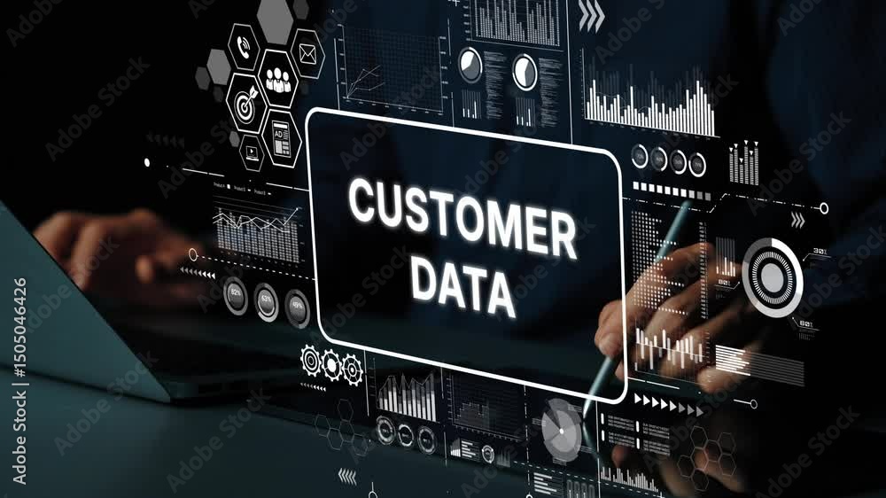Poster digital representation of customer data with graphical interface elements for data analysis and busi