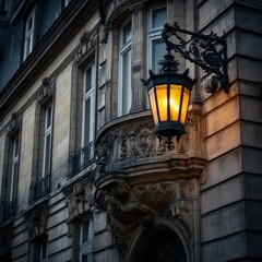 Historical building facade illuminated by a vintage lantern, showcasing intricate architectural details.