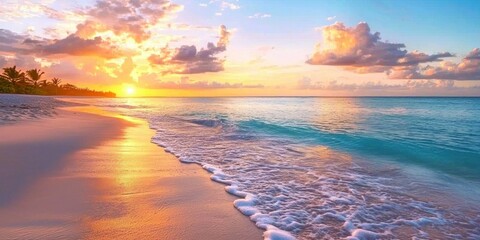 A tropical beach at sunset, with soft, wispy clouds stretching across the horizon