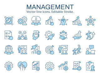 Management icons, such as planning, strategy, success, business and more. Vector illustration isolated on white. Editable stroke. Change to any size and any color.