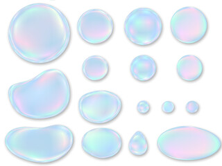 さまざまな形と大きさの虹色に輝く透明な泡・水滴のセット | Iridescent Transparent Bubble Set in Various Shapes and Sizes