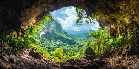 A tropical cave opening revealing a breathtaking forest view beyond