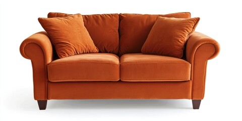 Cozy loveseat with rounded arms and plush cushions on white background