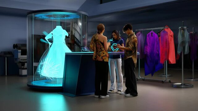 Friends Customizing Their Metaverse Avatars at a Digital Wardrobe Station