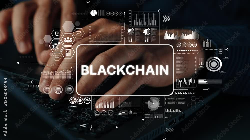Poster futuristic concept of blockchain technology with data visualization and hands on keyboard in digital