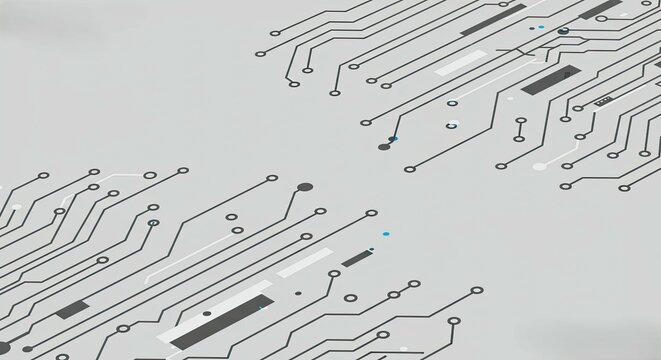 Abstract circuit board design, light gray background.  Complex network of interconnected lines,  shapes, and components.  Intricate pattern of  black and white lines