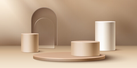 Beige round podiums in different sizes with glass arch - cylindrical stands or pedestals for product display. Minimalist geometric shapes, solid colors. 3d pastel bg with natural light and shadows.