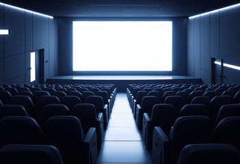 Empty cinema seats in a modern theater with a bright screen