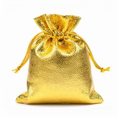 Golden gift cloth pouch bag, money or jewelry pouch, isolated on white background.