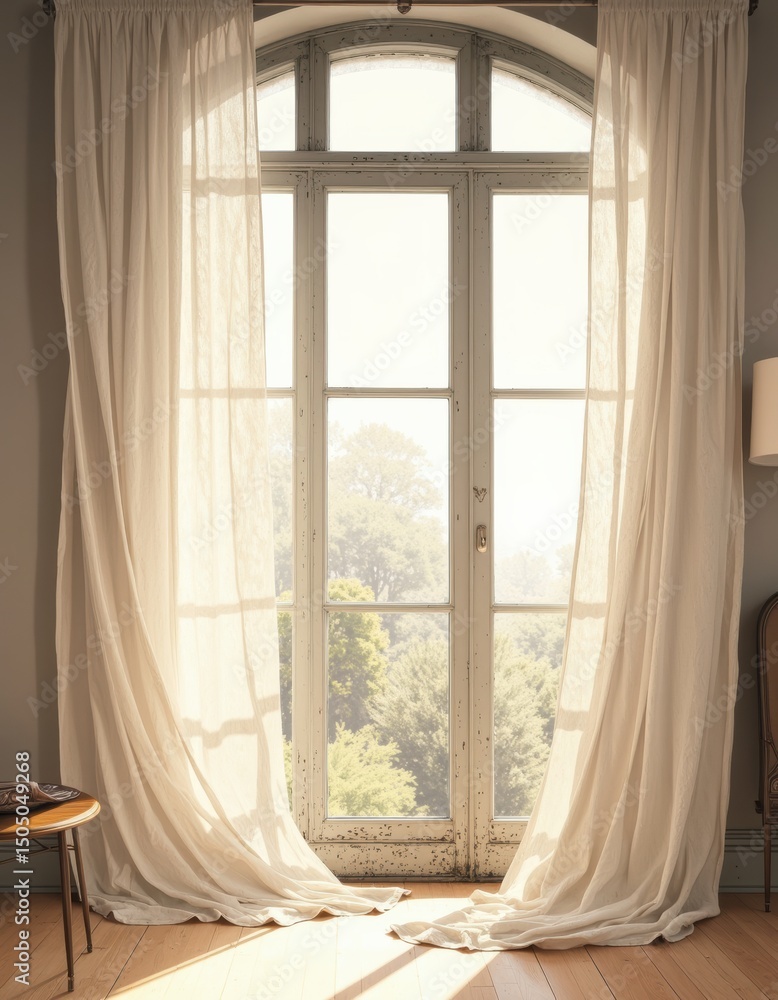 Poster breezy curtains gently swaying in a loft window, creating a serene atmosphere