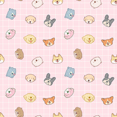 Seamless Pattern with Cartoon Dog Face Design on Light Pink Background. Hand Drawn Vector Illustration.