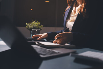 Expert woman asian female people review data number costing managerial account prepare monthly...