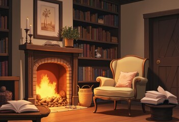 Fototapeta premium Cozy nook with books, warm lighting, and a crackling fireplace