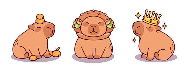Set of cute capybara characters in cartoon style - sitting with crown, burger hat and tangerines on head. Adorable big brown rodent mascots with chubby bodies and small ears. Kawaii animal vector.