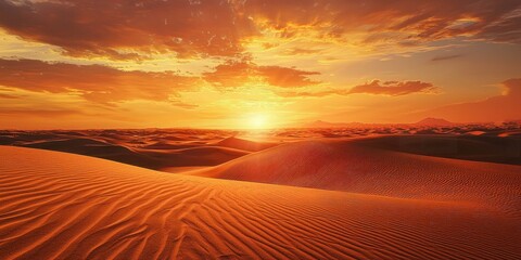 A vast desert landscape bathed in golden-orange sunset hues