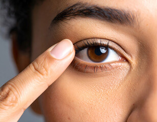 Close-up of a young woman's eye with her index finger poking at the corner of her eye.