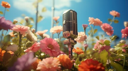 Vintage microphone surrounded by blooming flowers at sunset with musical notes floating in the air