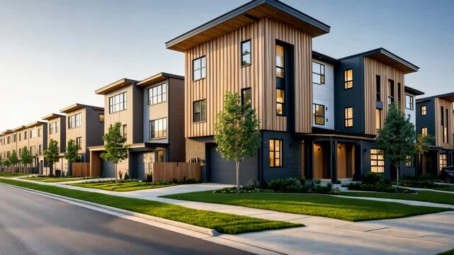 Modern Townhomes in Suburban Neighborhood at Sunset Front View