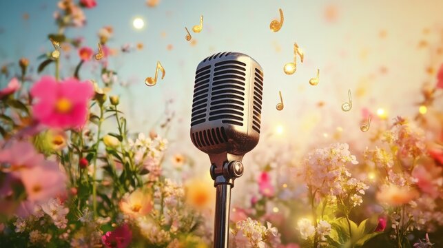 A vintage microphone stands amidst a vibrant field of blooming flowers, glowing musical notes dance in the air, creating a magical atmosphere as the sun sets in the background.