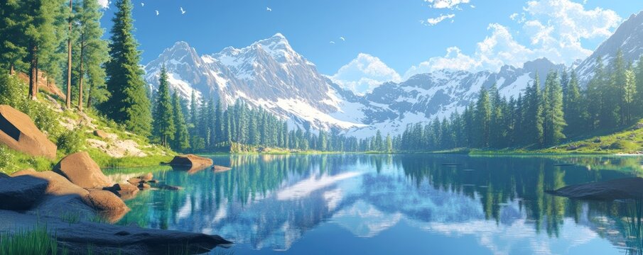 Crystal Clear Mountain Lake a?" A tranquil alpine lake reflecting the surrounding snowy peaks and lush forest in the early morning light. - Powered by Adobe